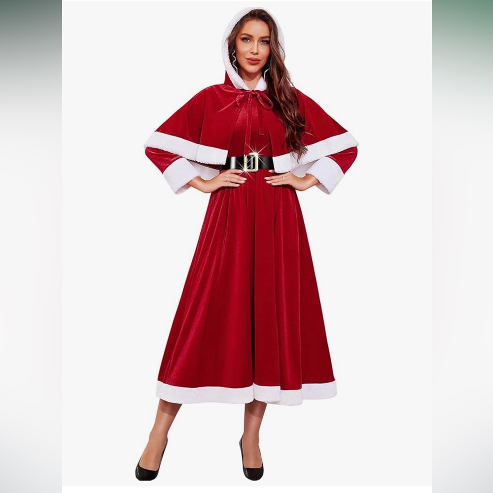 3PCS Mrs Santa Claus Costume for Women Red Santa Dresses with Hooded Cape Belt